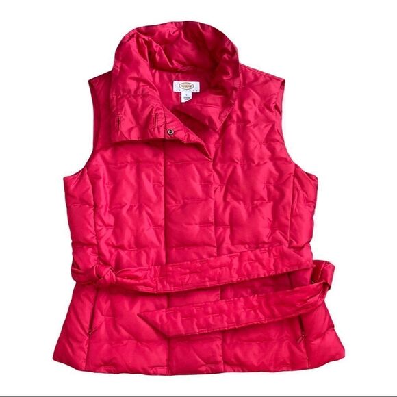 TALBOTS PETITES • Red Puffer Vest Belted Goose Down Blend • Petite Small • NWOT - Picture 1 of 10